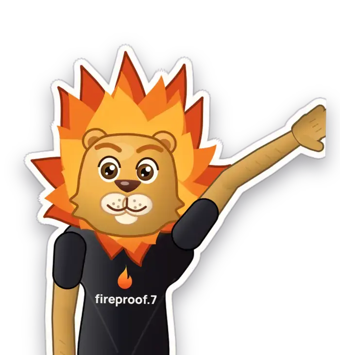 Ari, el león de fireproof.7, saludando con la camiseta de la llama